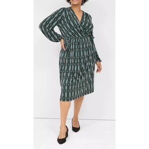 Lane Bryant Women's Black Teal Geometric Print Wrap Midi Dress‎ Plus Size 26/28
